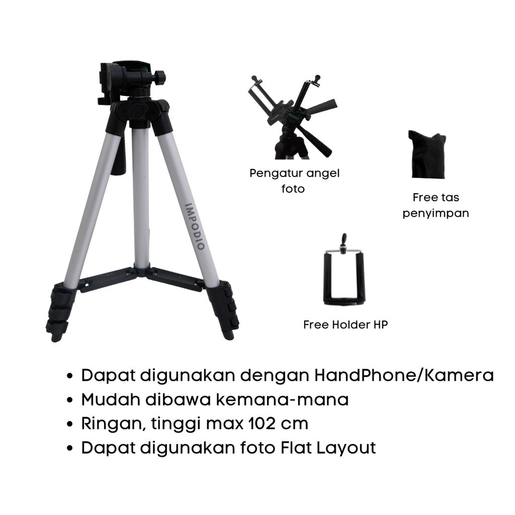 IMPODIO Tripod 3 in 1 FREE Holder HP Tinggi maksimal 120cm - detail produk