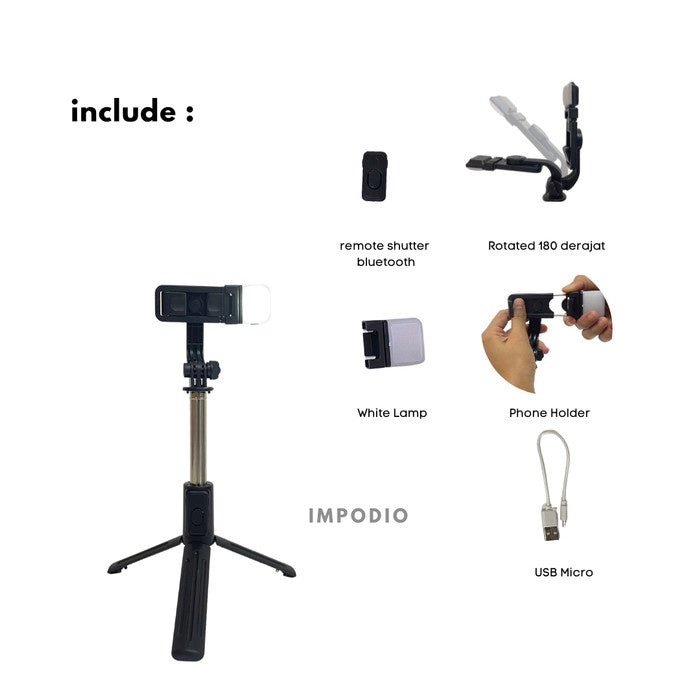 IMPODIO Tripod Selfie Stick with LED Fill Lights - Phone Tripod Stand