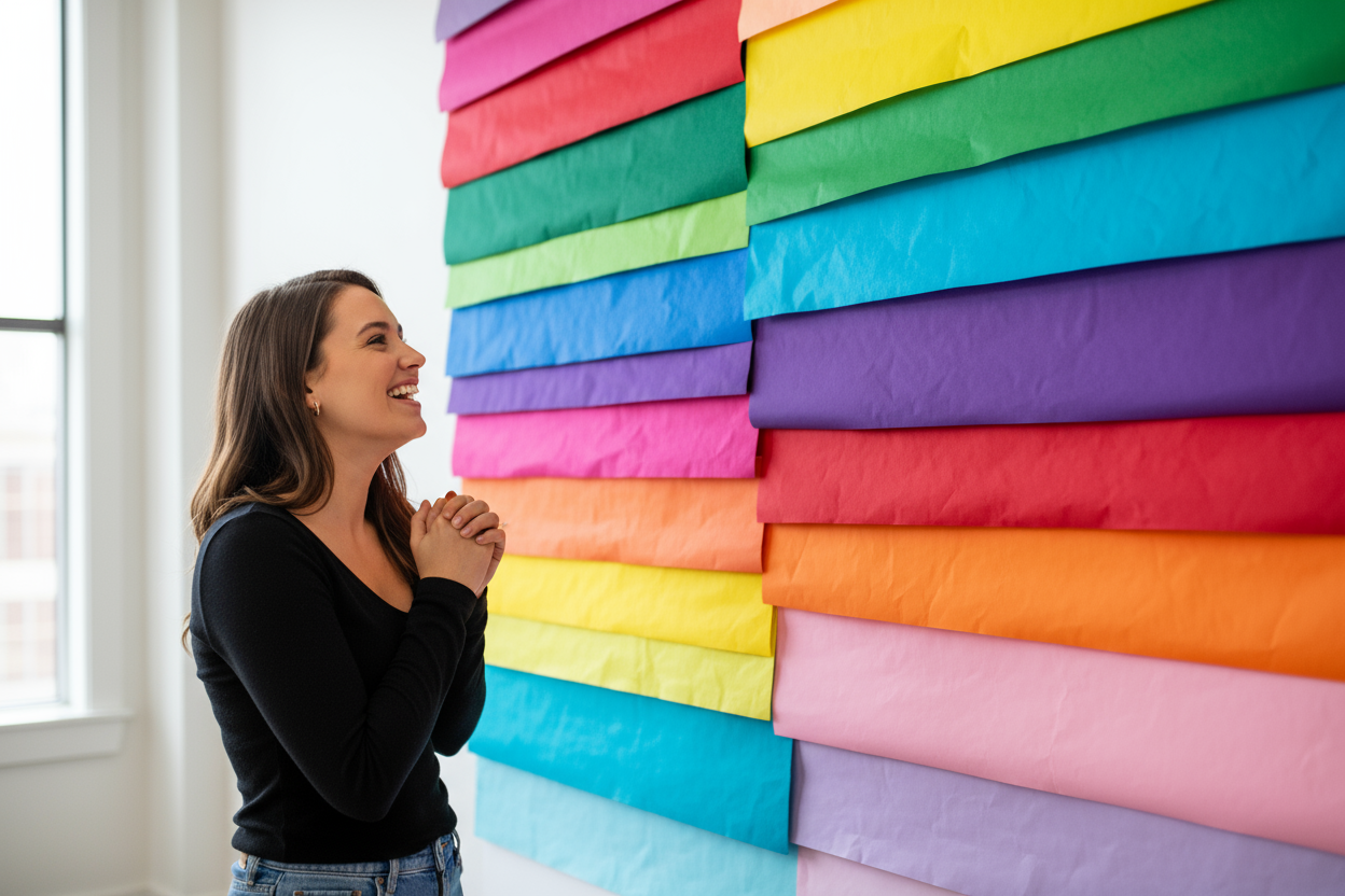 the girl is looking at paper backdrop, many colour option